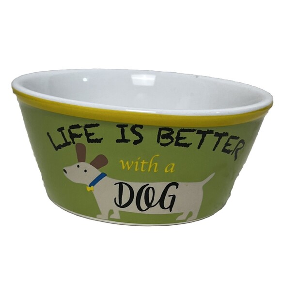 Pet Bowl Ceramic Dish Food Water LIFE IS BETTER WITH A DOG Woof Vibrant Life New - Picture 1 of 4